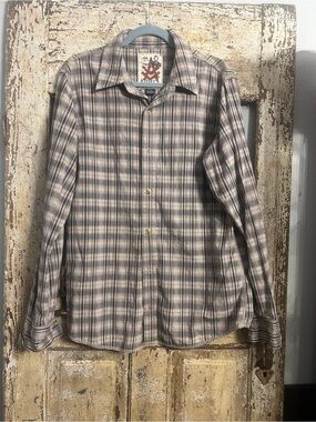 A. KURTZ Vintage Men’s Plaid Button Down, Beige & Navy, 100% Cotton